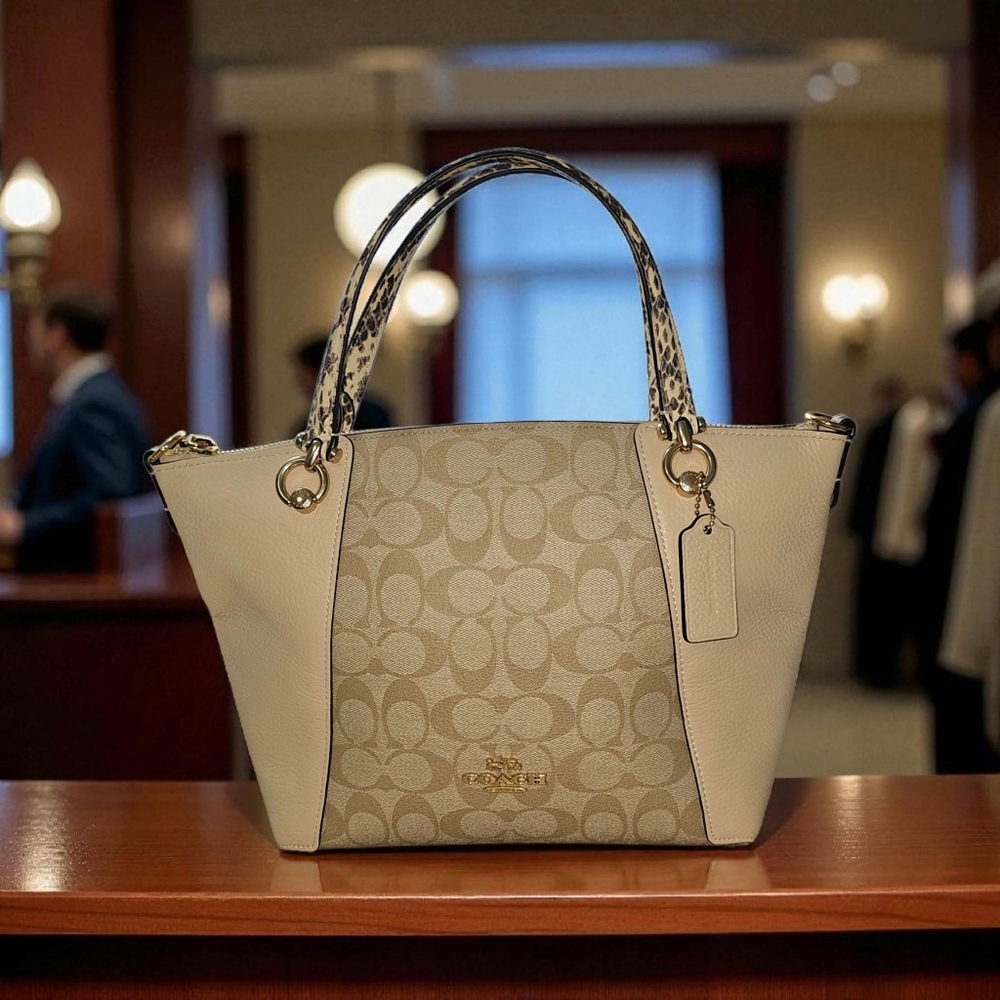 COACH Kacey Satchel/Crossbody Beige and Cream  with Faux Snake Skin  Handles